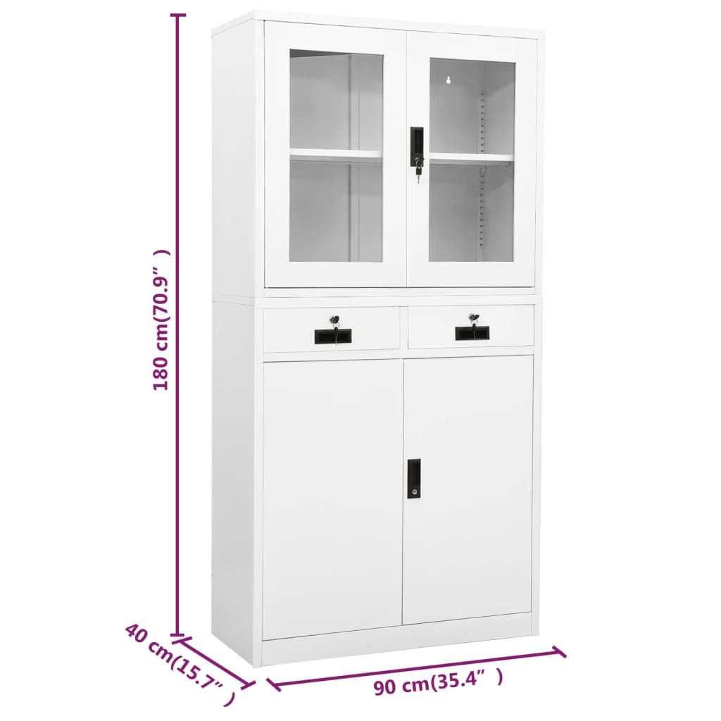 Office cabinet white 90x40x180 cm steel and tempered glass