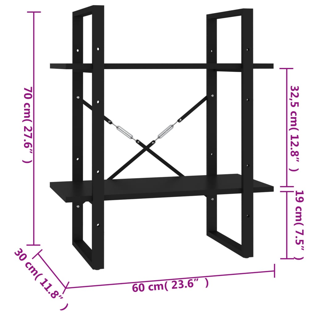 Bücherregal 2 Fächer Schwarz 60x30x70 cm Holzwerkstoff
