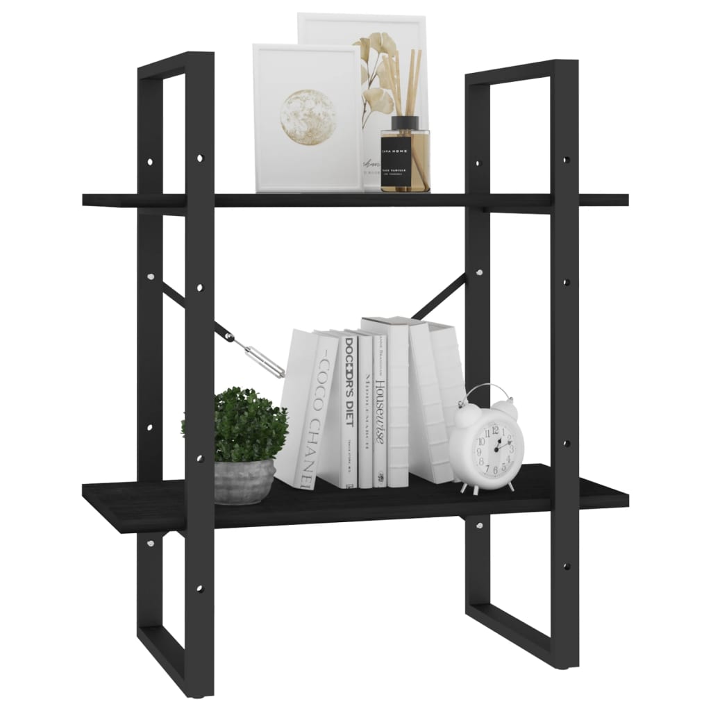 Bookcase 2 Shelves Black 60x30x70 cm Solid Pine