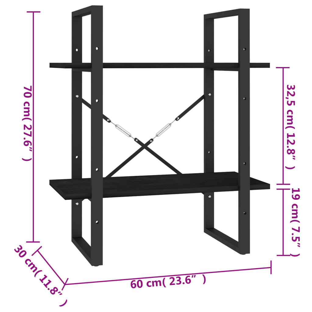 Bookcase 2 Shelves Black 60x30x70 cm Solid Pine