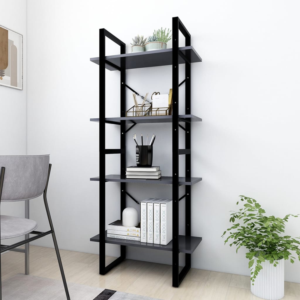 Bibliothèque 4 compartiments gris 60x30x140 cm en bois