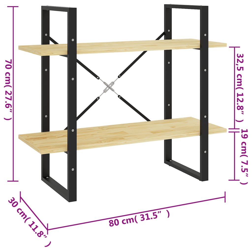 Bookcase 2 shelves 80x30x70 cm solid pine wood