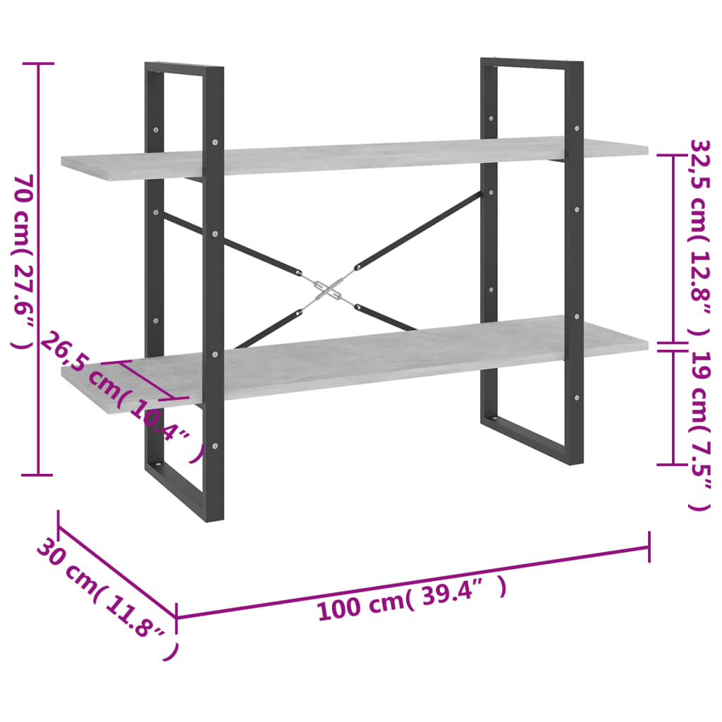 Bookcase 2 compartments concrete grey 100x30x70 cm wood material