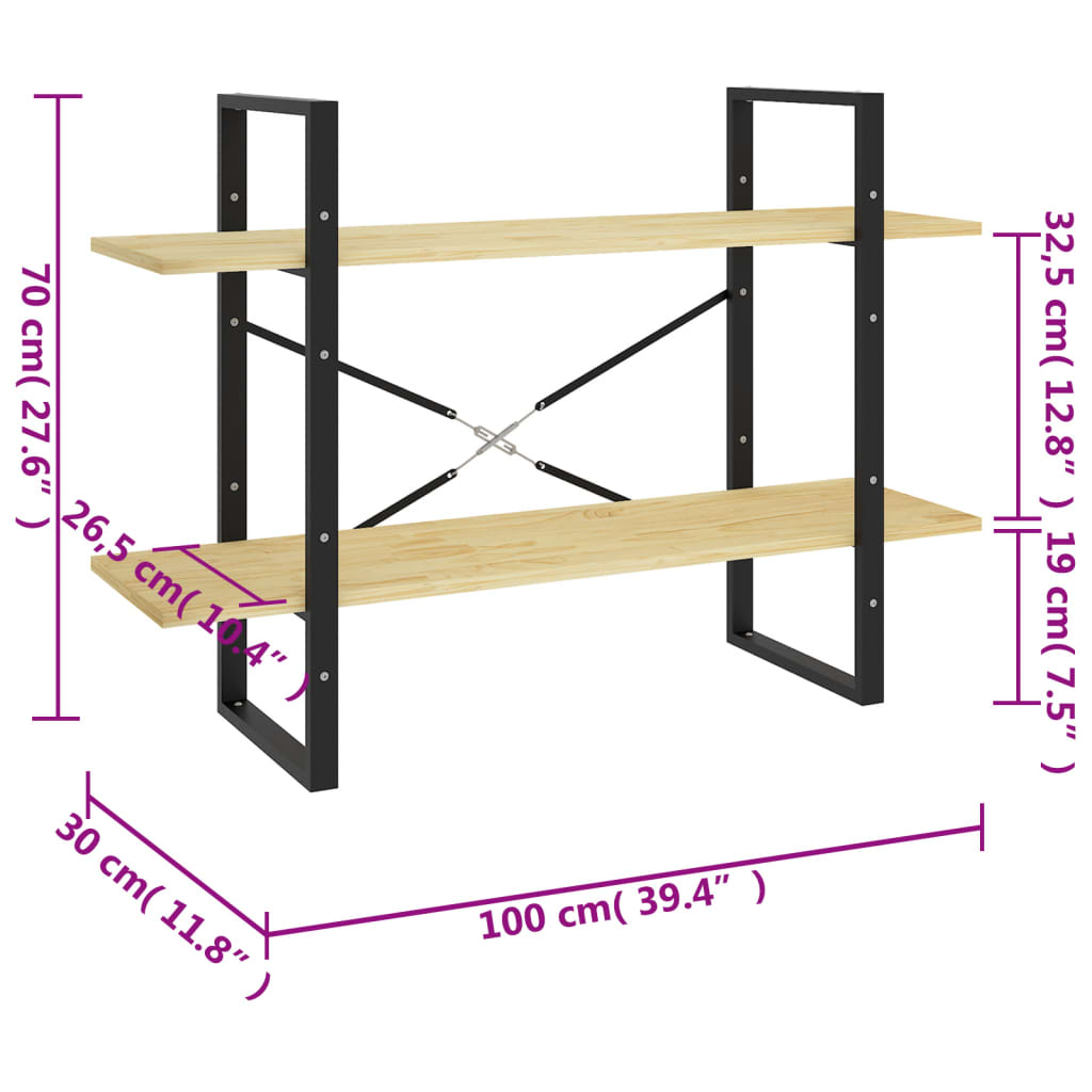 Bookcase 2 shelves 100x30x70 cm solid pine wood
