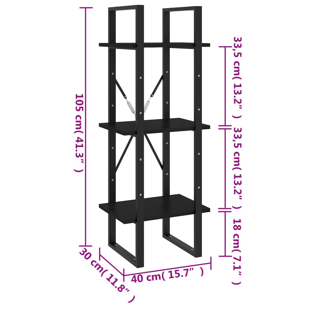 Bibliothèque 3 étagères noir 40x30x105 cm bois de pin massif