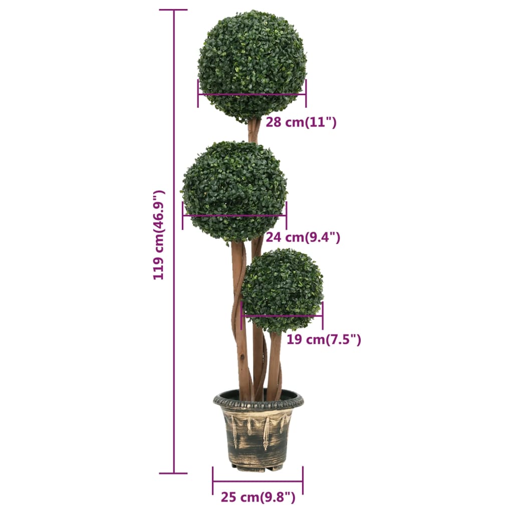 Buis artificiel avec pot, forme boule, vert, 119 cm