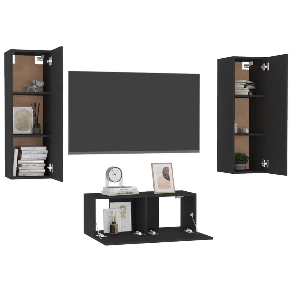 Ensemble de meubles TV 3 pièces, matériau à base de bois noir