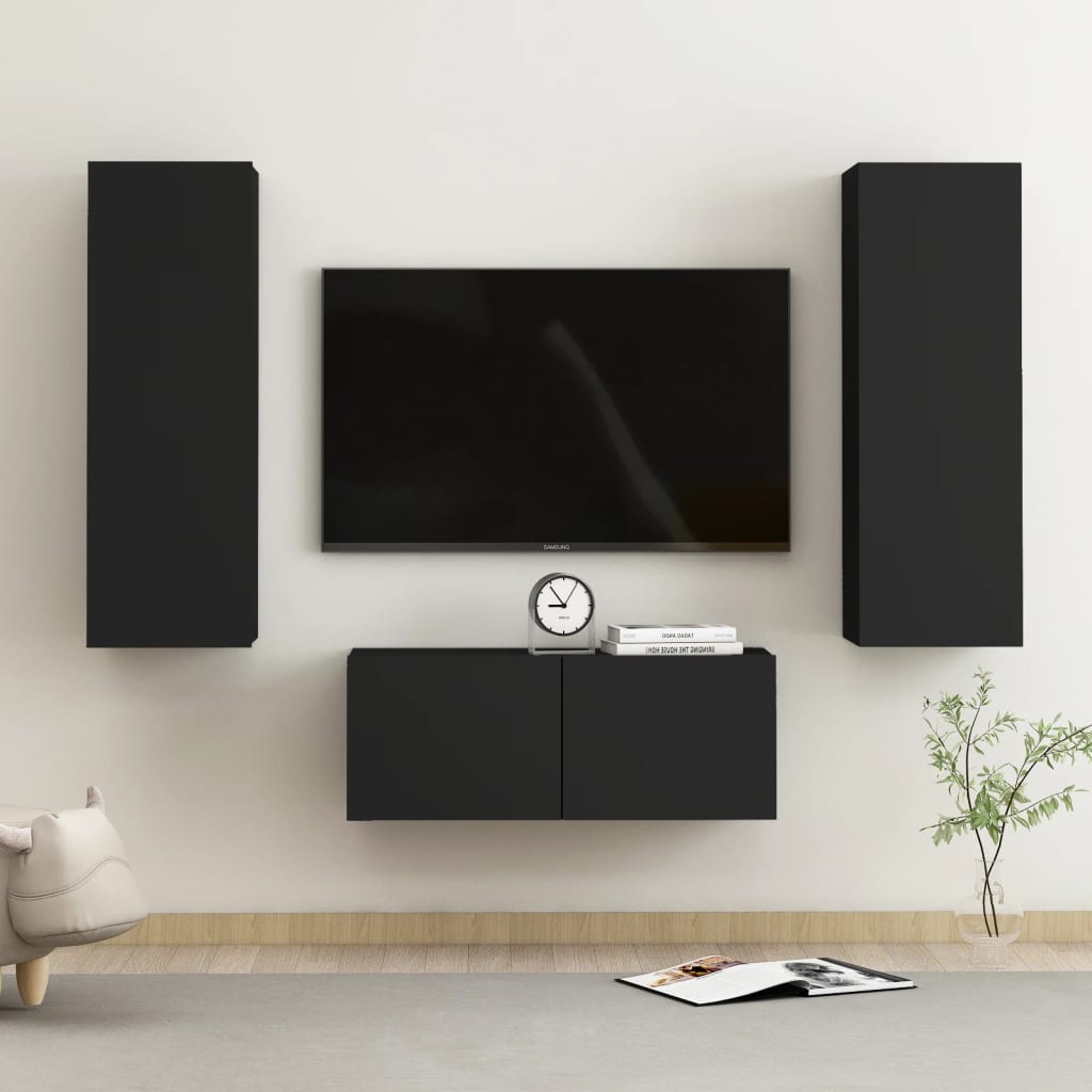 Ensemble de meubles TV 3 pièces, matériau à base de bois noir