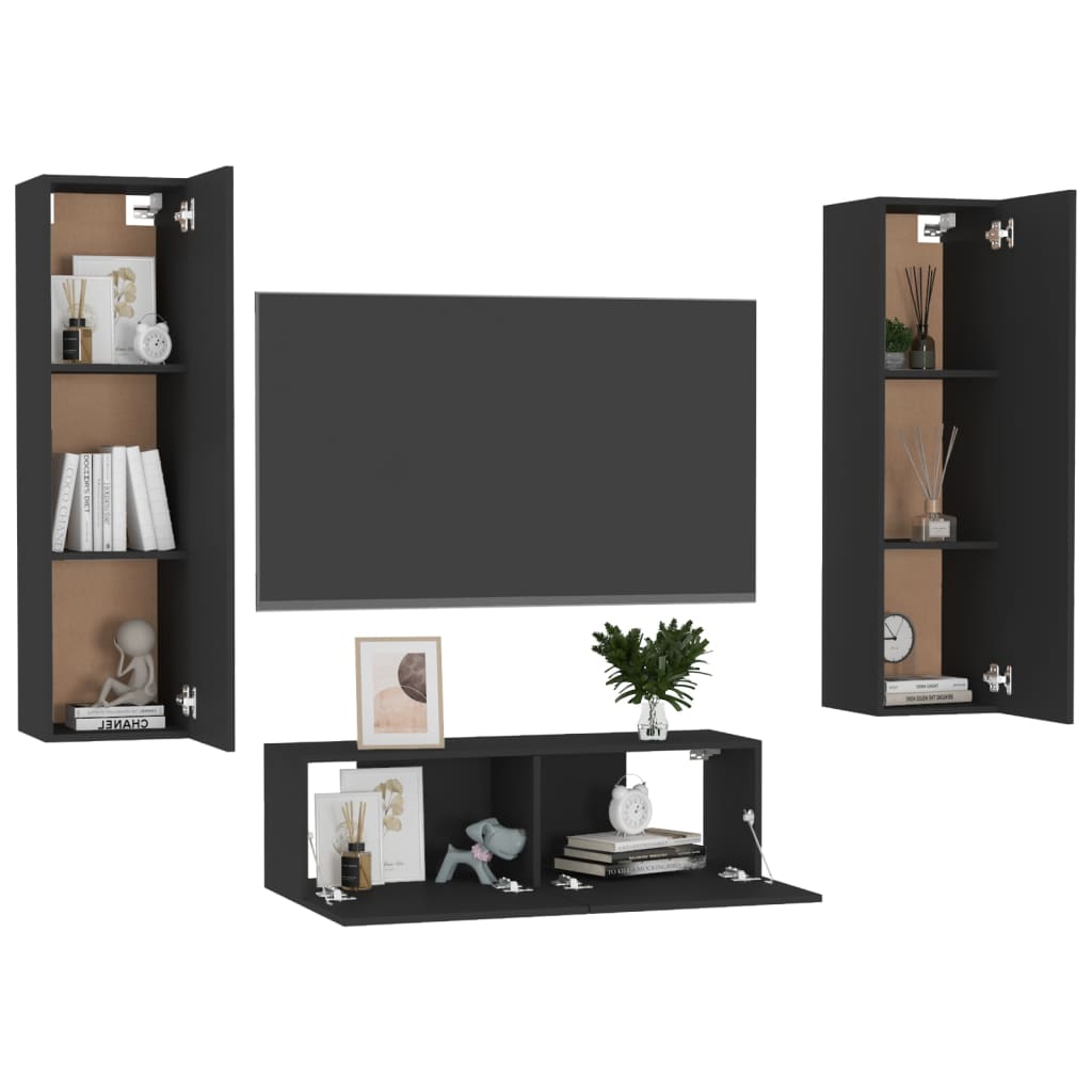Ensemble de meubles TV 3 pièces en bois noir
