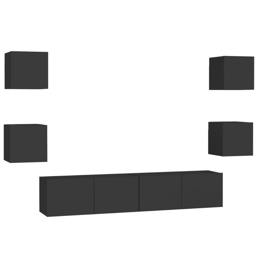 6-piece TV cabinet set, black wood-based material