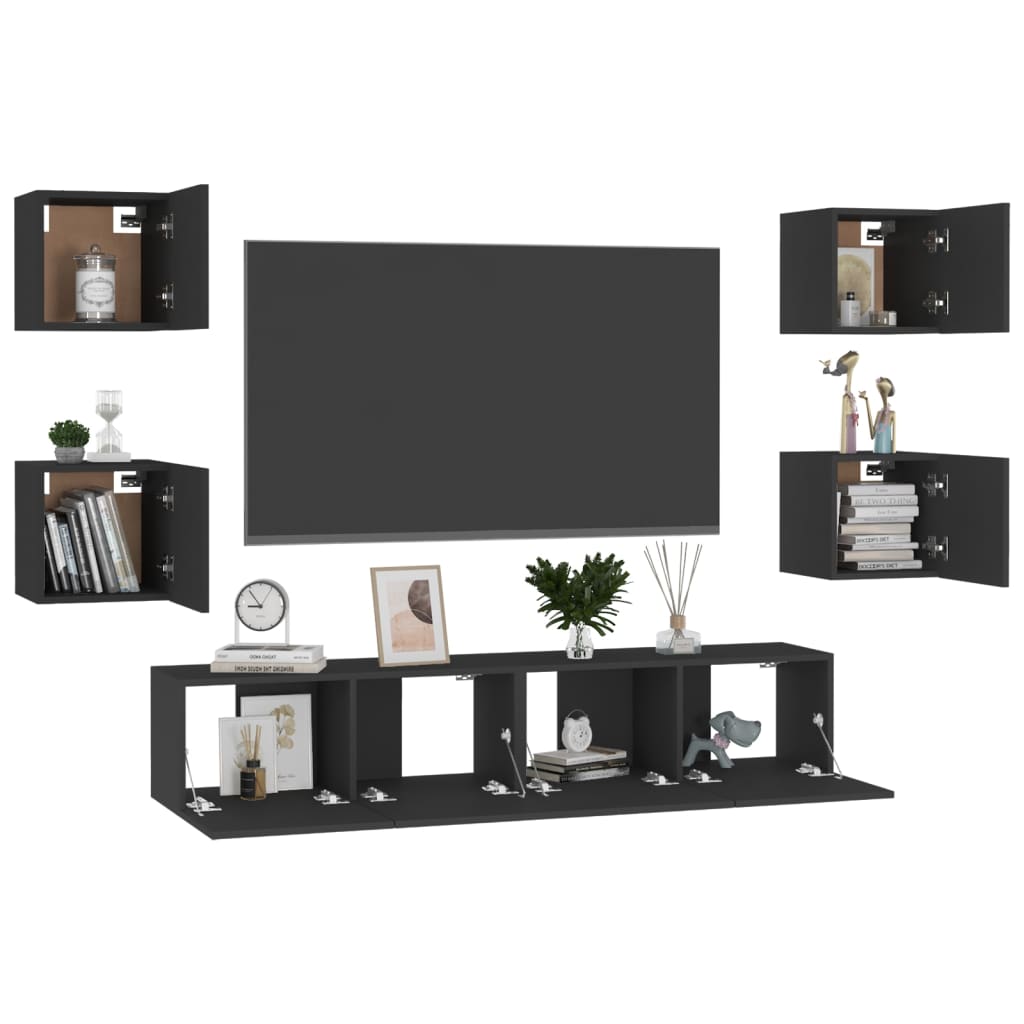 6-piece TV cabinet set, black wood-based material