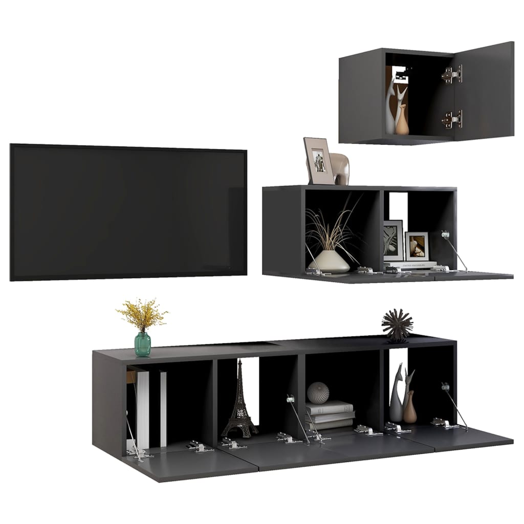 Ensemble de meubles TV 4 pièces, matériau à base de bois gris