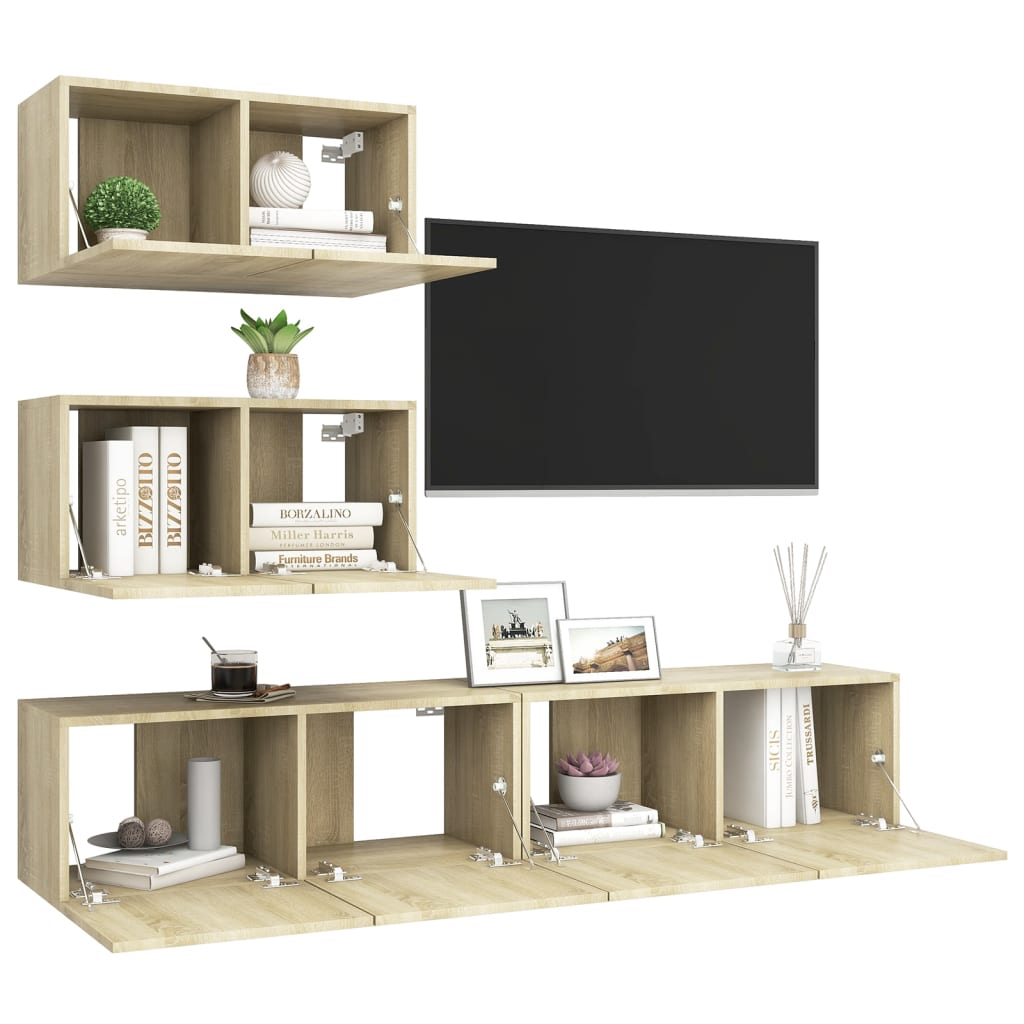 Ensemble de meubles TV 4 pièces en bois de chêne Sonoma