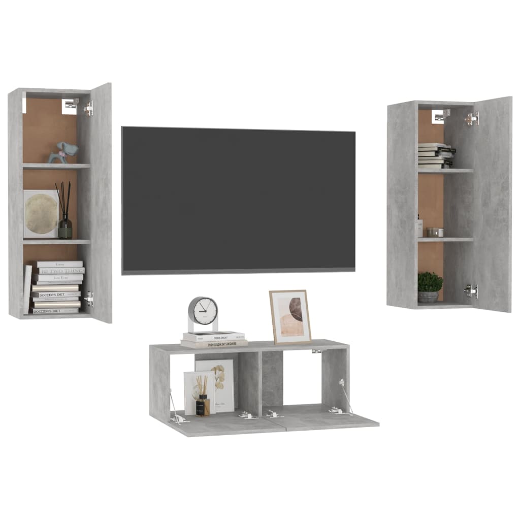Ensemble de meubles TV 3 pièces en béton gris à base de bois