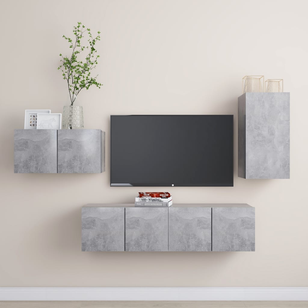 Ensemble de meubles TV 4 pièces en béton gris à base de bois