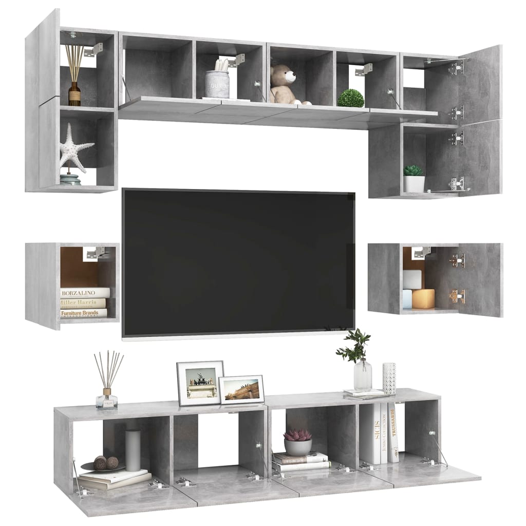Ensemble de meubles TV 8 pièces en béton gris à base de bois
