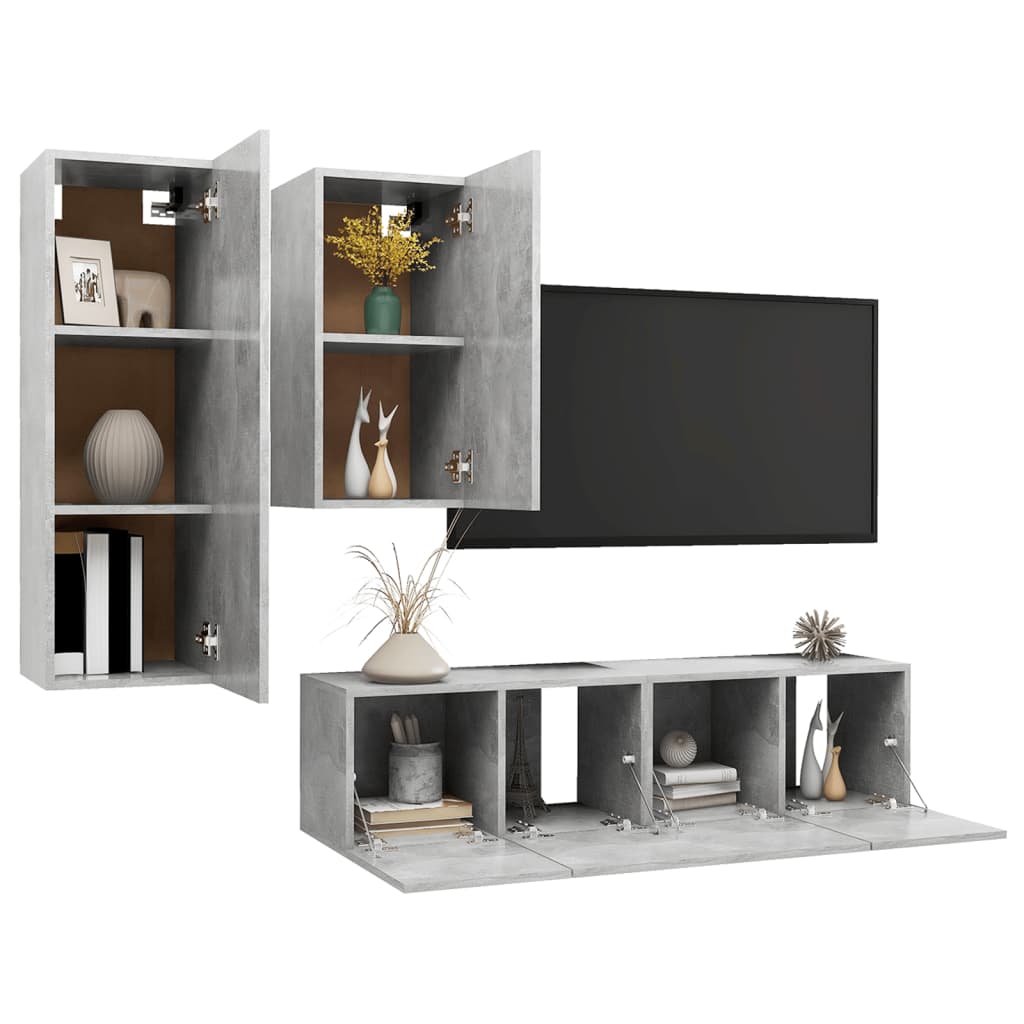 Ensemble de meubles TV 4 pièces en béton gris à base de bois