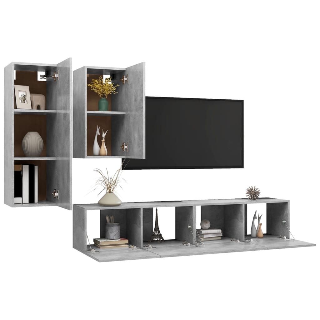 Ensemble de meubles TV 4 pièces en béton gris à base de bois