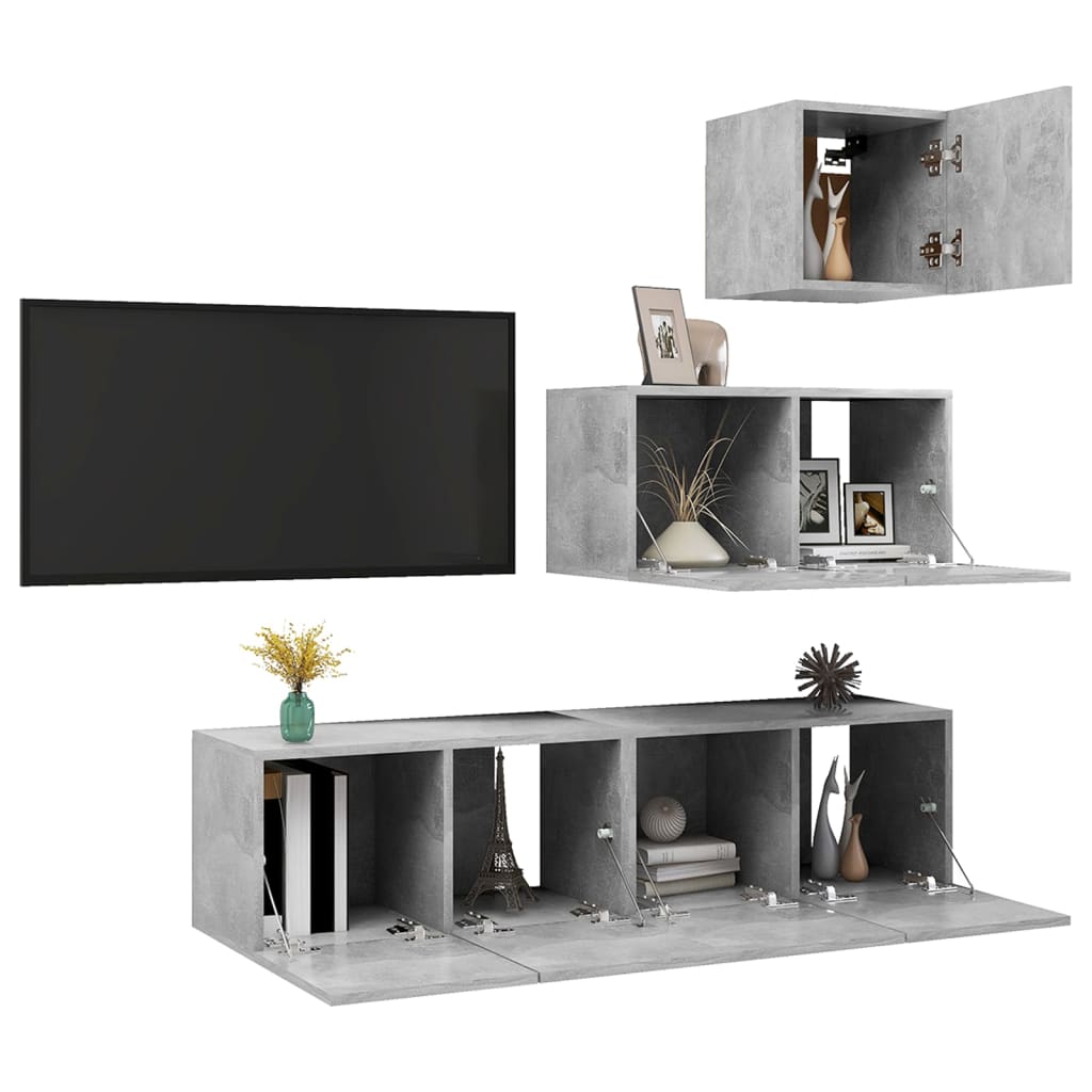 Ensemble de meubles TV 4 pièces en béton gris à base de bois