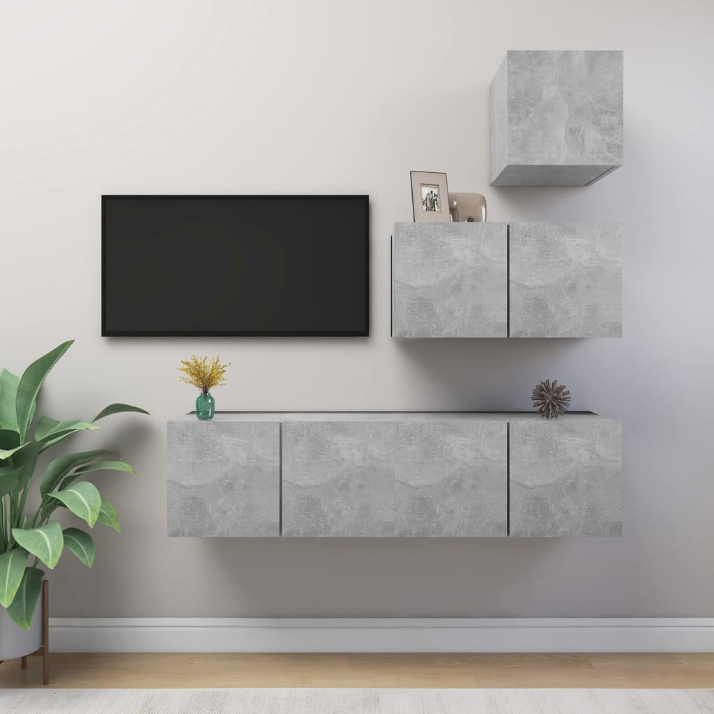Ensemble de meubles TV 4 pièces en béton gris à base de bois