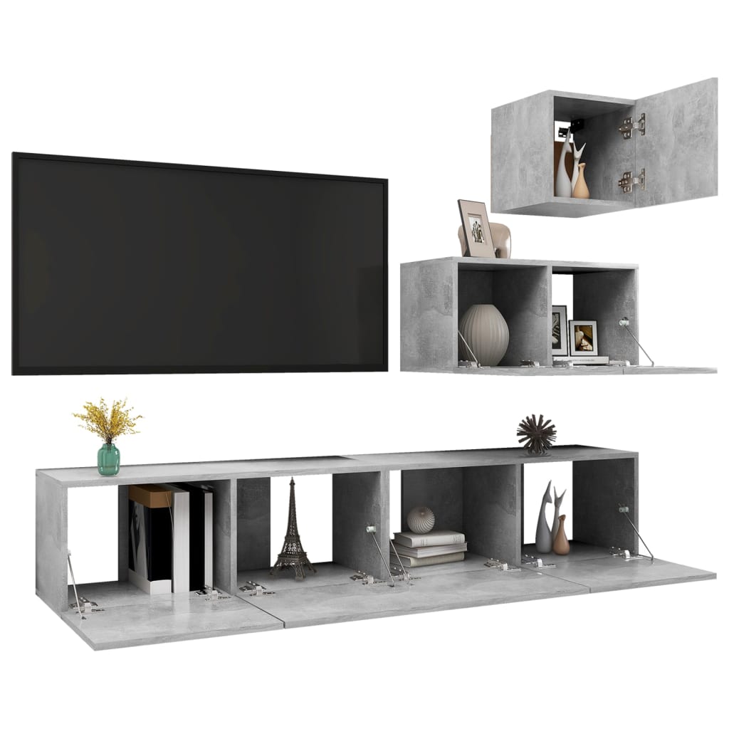 Ensemble de meubles TV 4 pièces en béton gris à base de bois