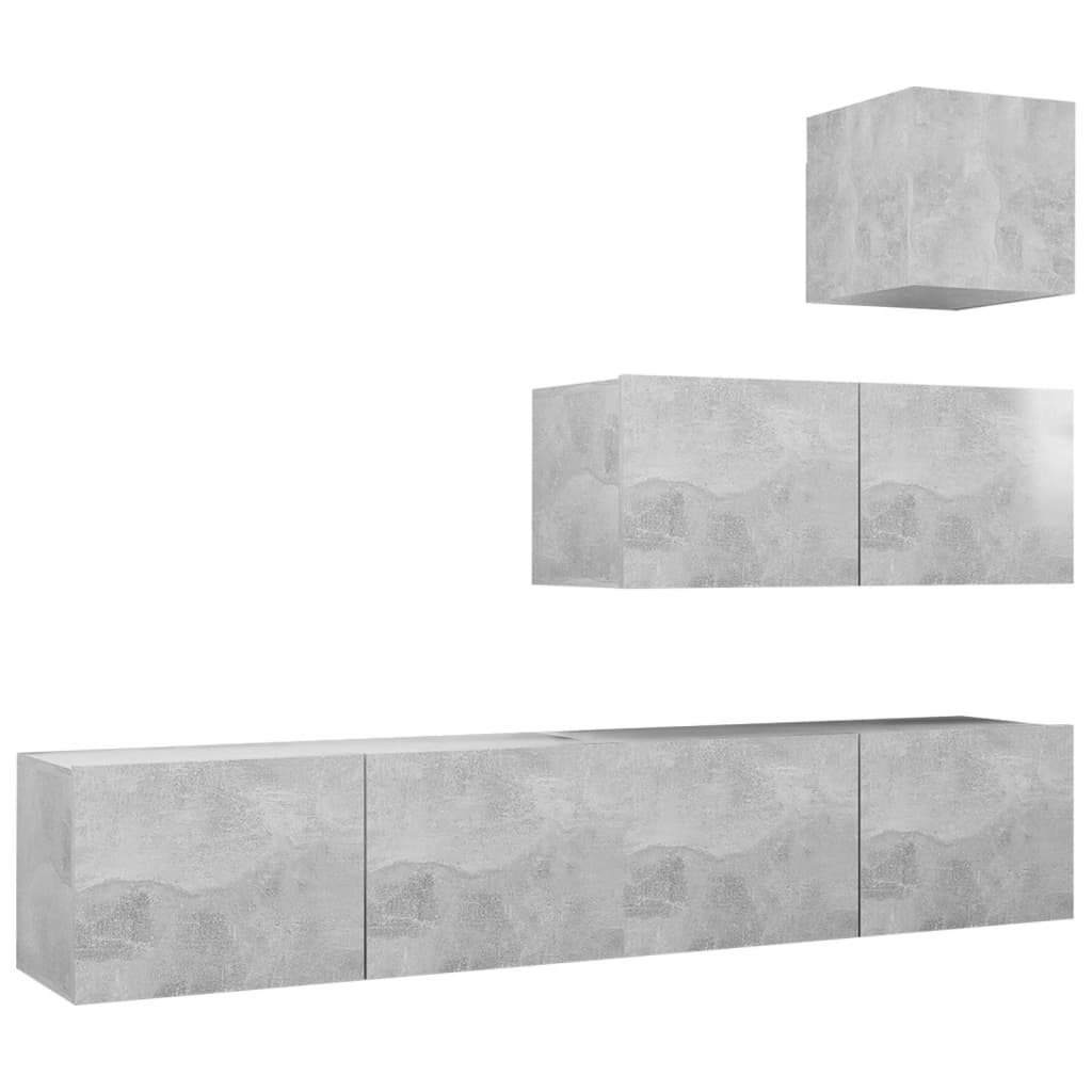 Ensemble de meubles TV 4 pièces en béton gris à base de bois
