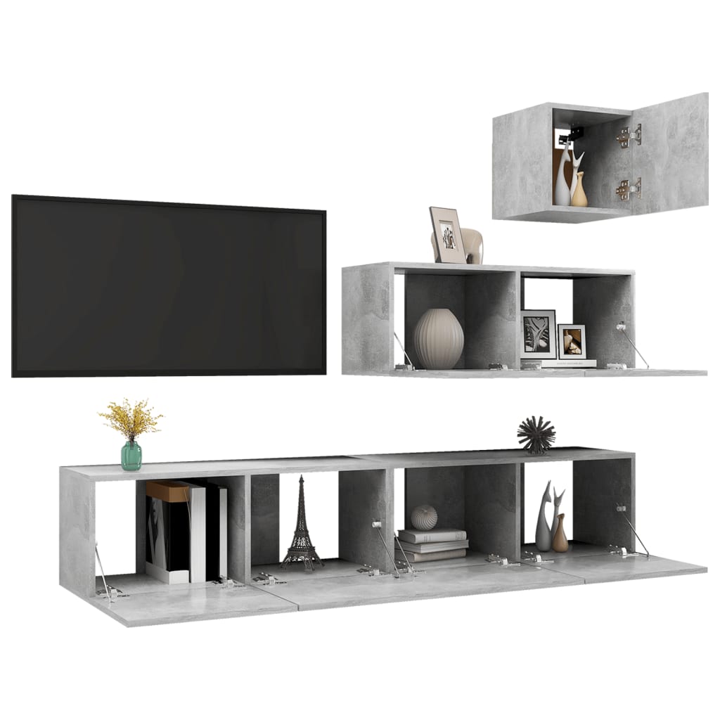 Ensemble de meubles TV 4 pièces en béton gris à base de bois