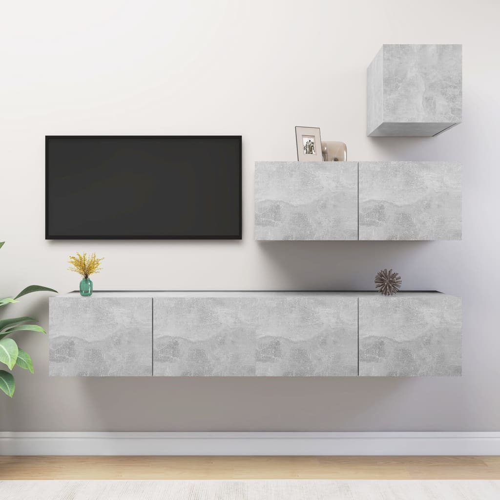 Ensemble de meubles TV 4 pièces en béton gris à base de bois
