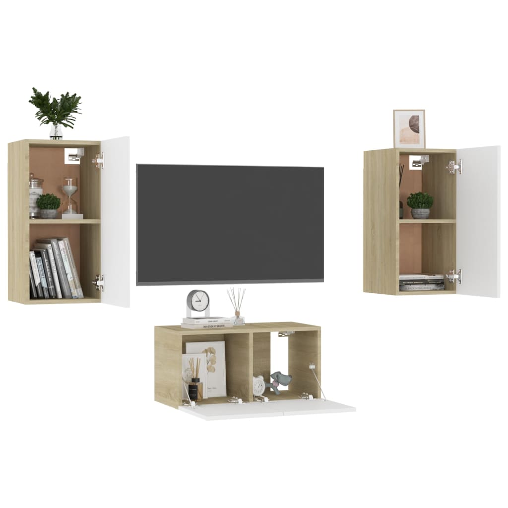 Ensemble de meubles TV 3 pièces en bois de chêne Sonoma blanc