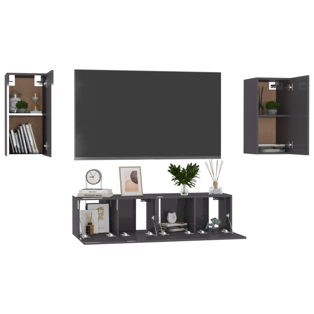 Ensemble de meubles TV 4 pièces, gris brillant, matériau à base de bois