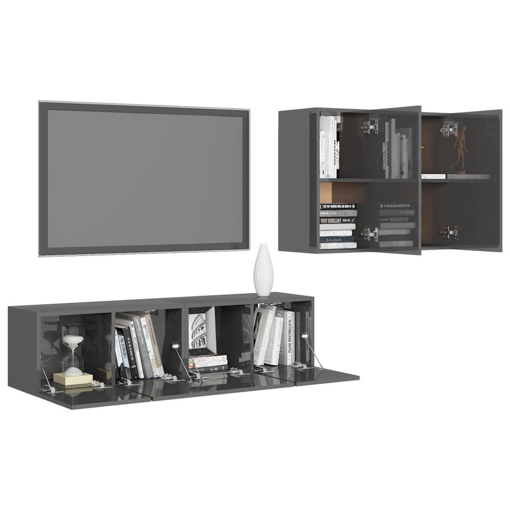 Ensemble de meubles TV 4 pièces, gris brillant, matériau à base de bois