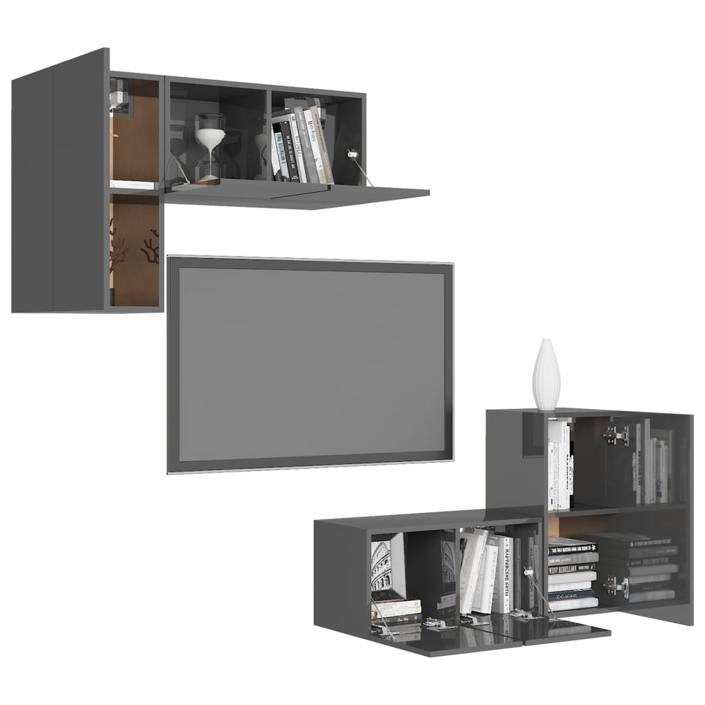 Ensemble de meubles TV 4 pièces, gris brillant, matériau à base de bois