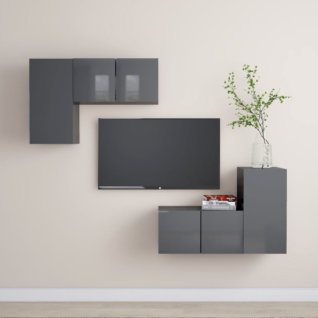 Ensemble de meubles TV 4 pièces, gris brillant, matériau à base de bois