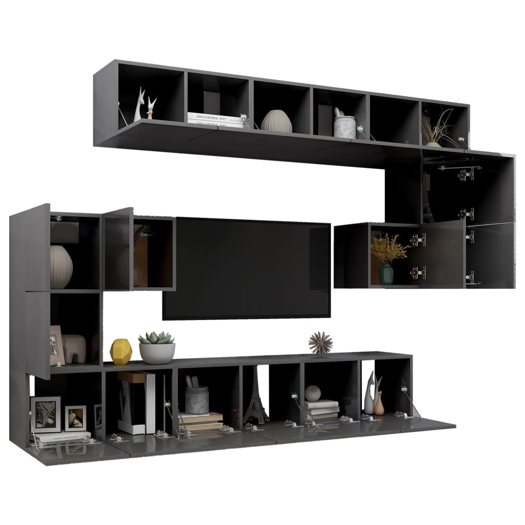 10-piece TV cabinet set, high-gloss grey, wood-based material