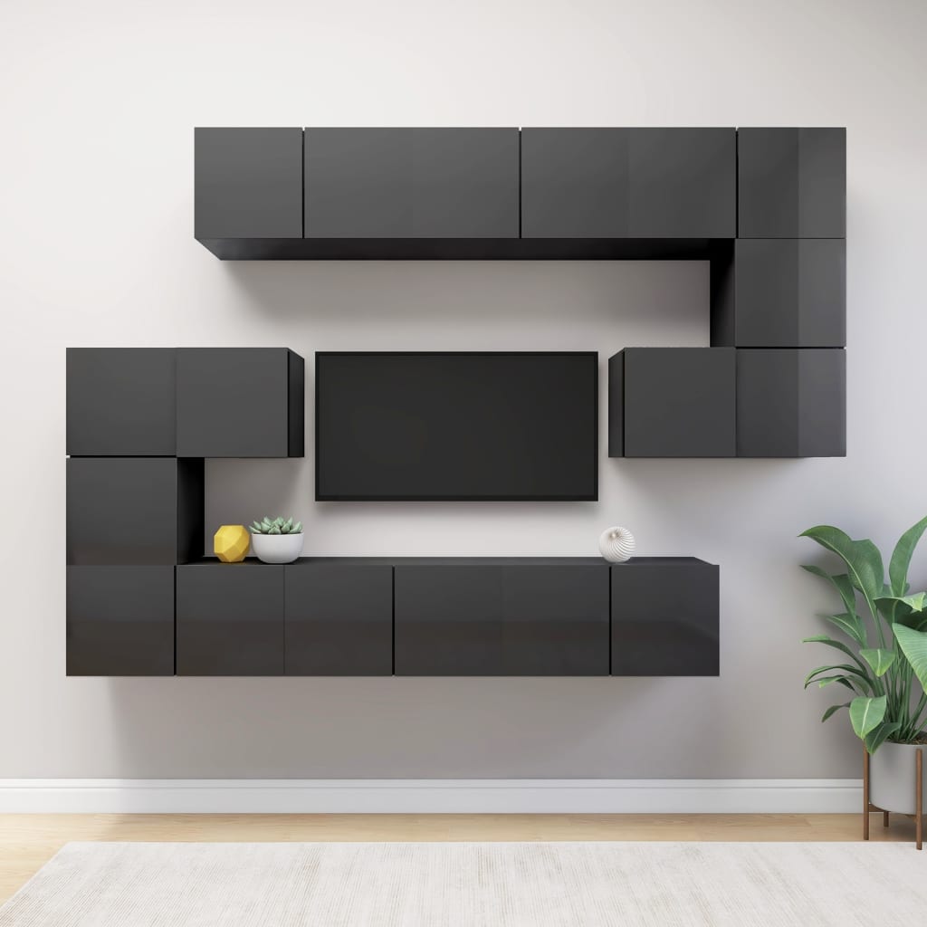 10-piece TV cabinet set, high-gloss grey, wood-based material