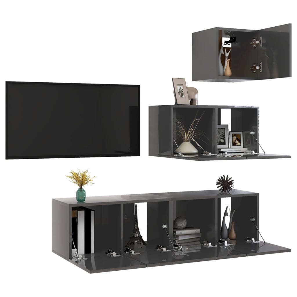 Ensemble de meubles TV 4 pièces, gris brillant, matériau à base de bois