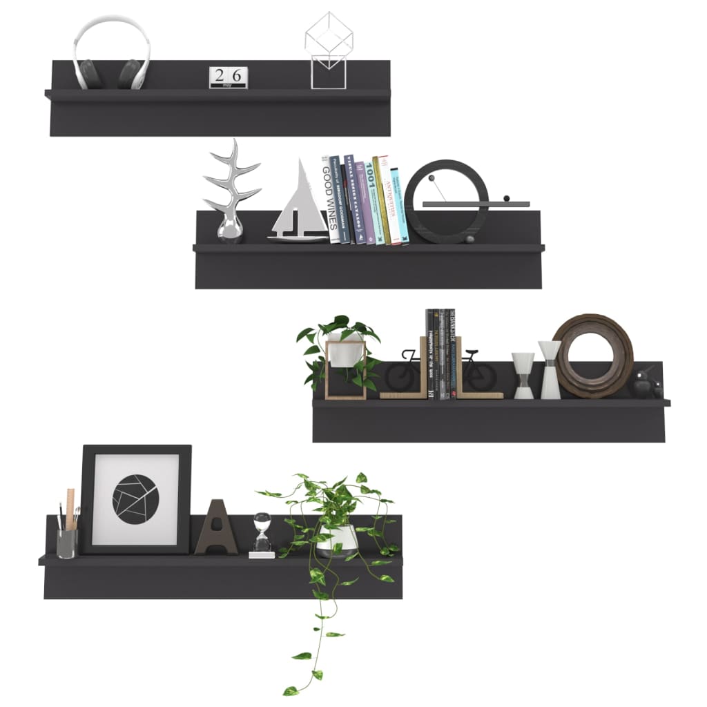 Wall shelves 4 pcs. High gloss grey 80x11.5x18 cm wood material