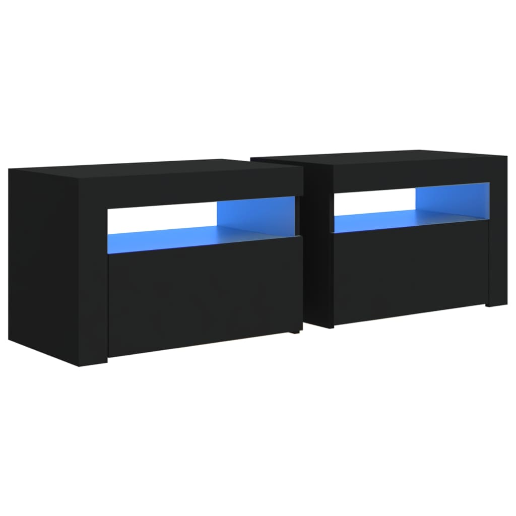 Tables de chevet 2 pièces avec LED Noir 60x35x40 cm