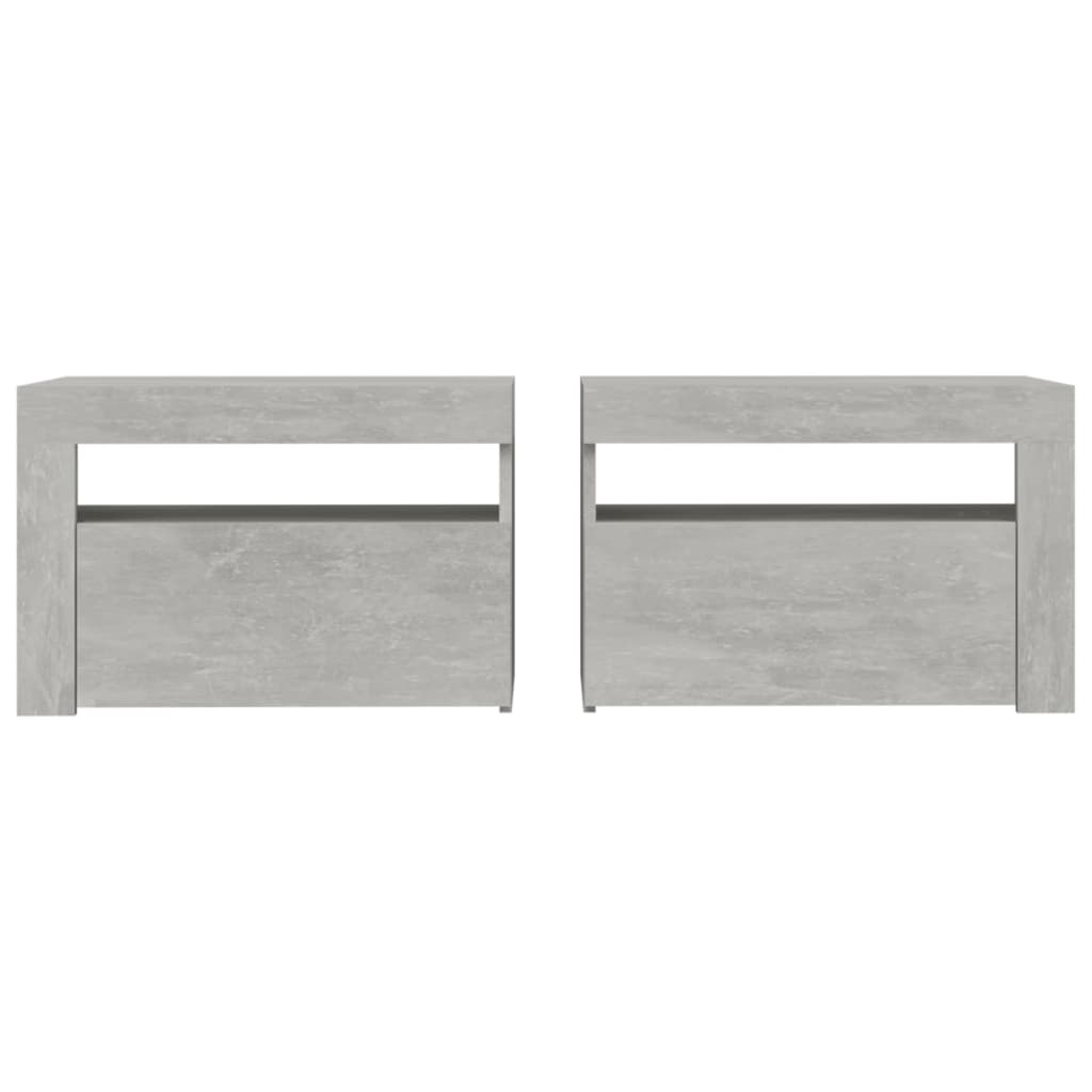Tables de chevet 2 pièces avec LED gris béton 60x35x40 cm
