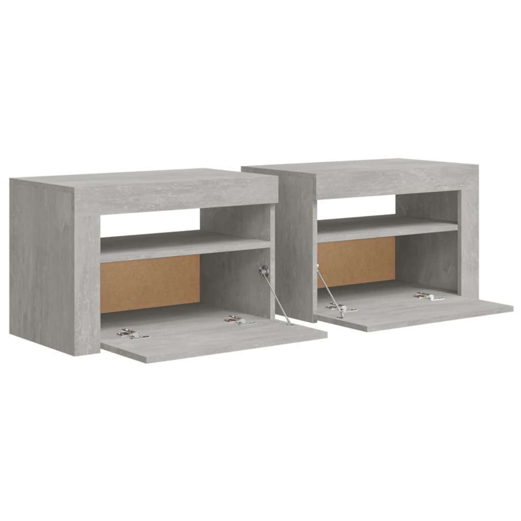 Tables de chevet 2 pièces avec LED gris béton 60x35x40 cm