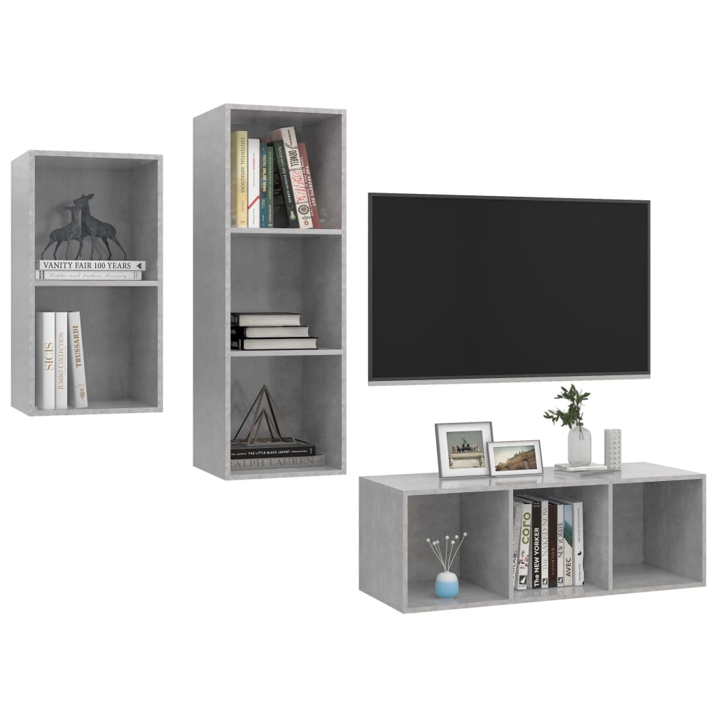 Ensemble de meubles TV 3 pièces en béton gris à base de bois