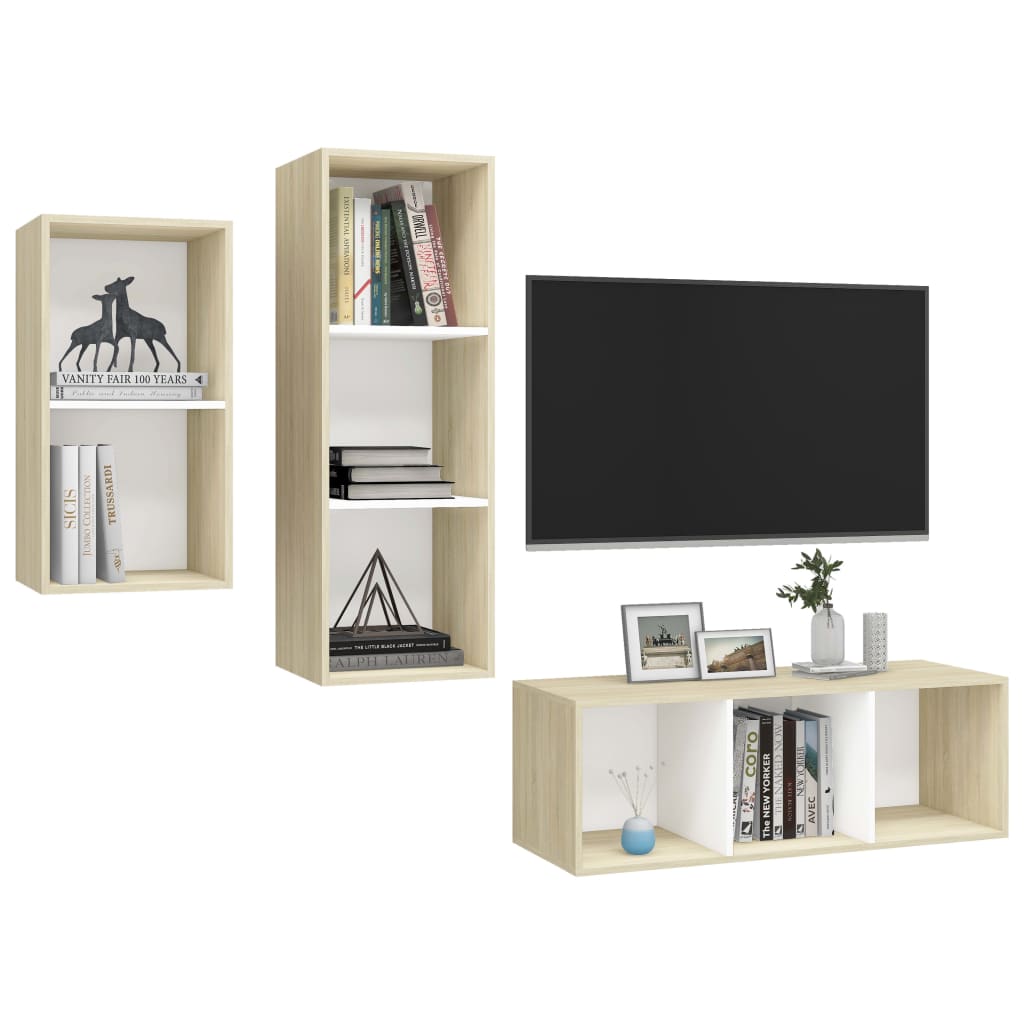 Ensemble de meubles TV 3 pièces en bois de chêne Sonoma blanc