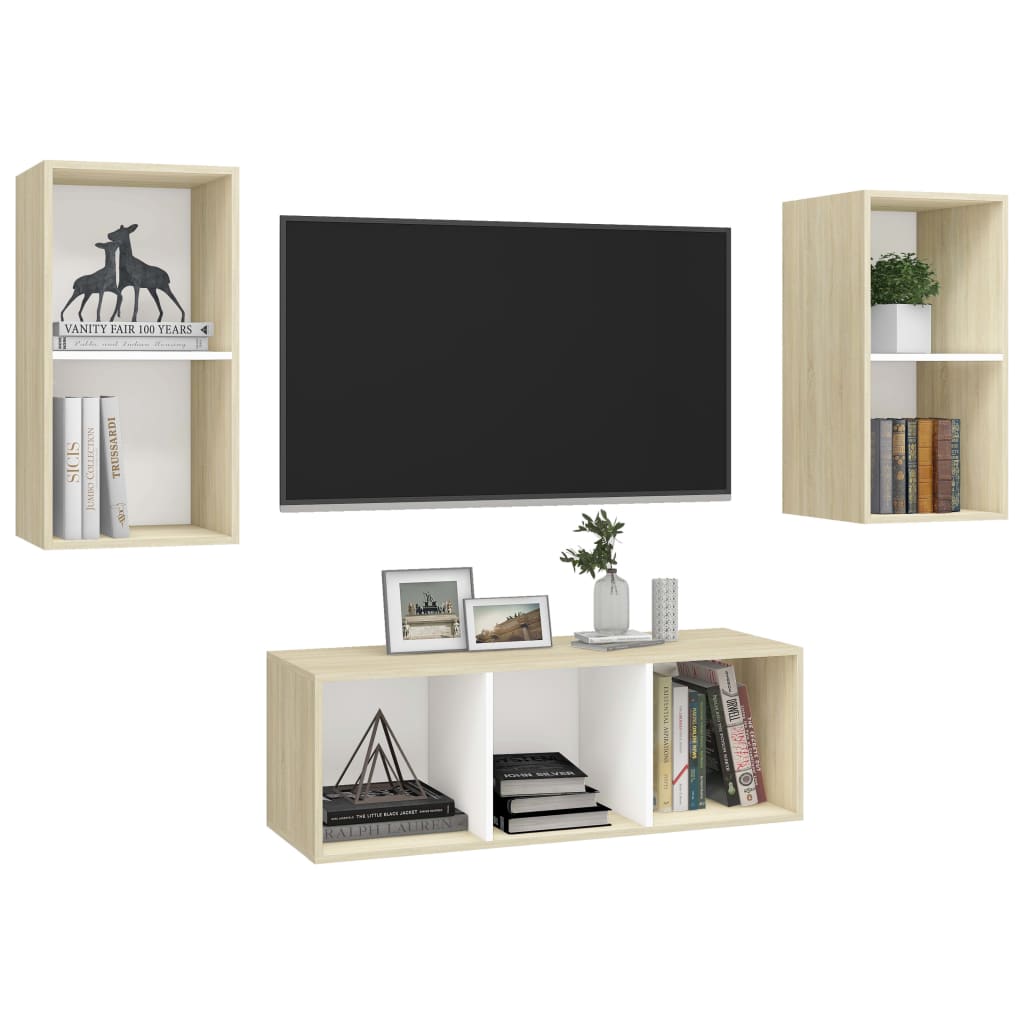 Ensemble de meubles TV 3 pièces en bois de chêne Sonoma blanc