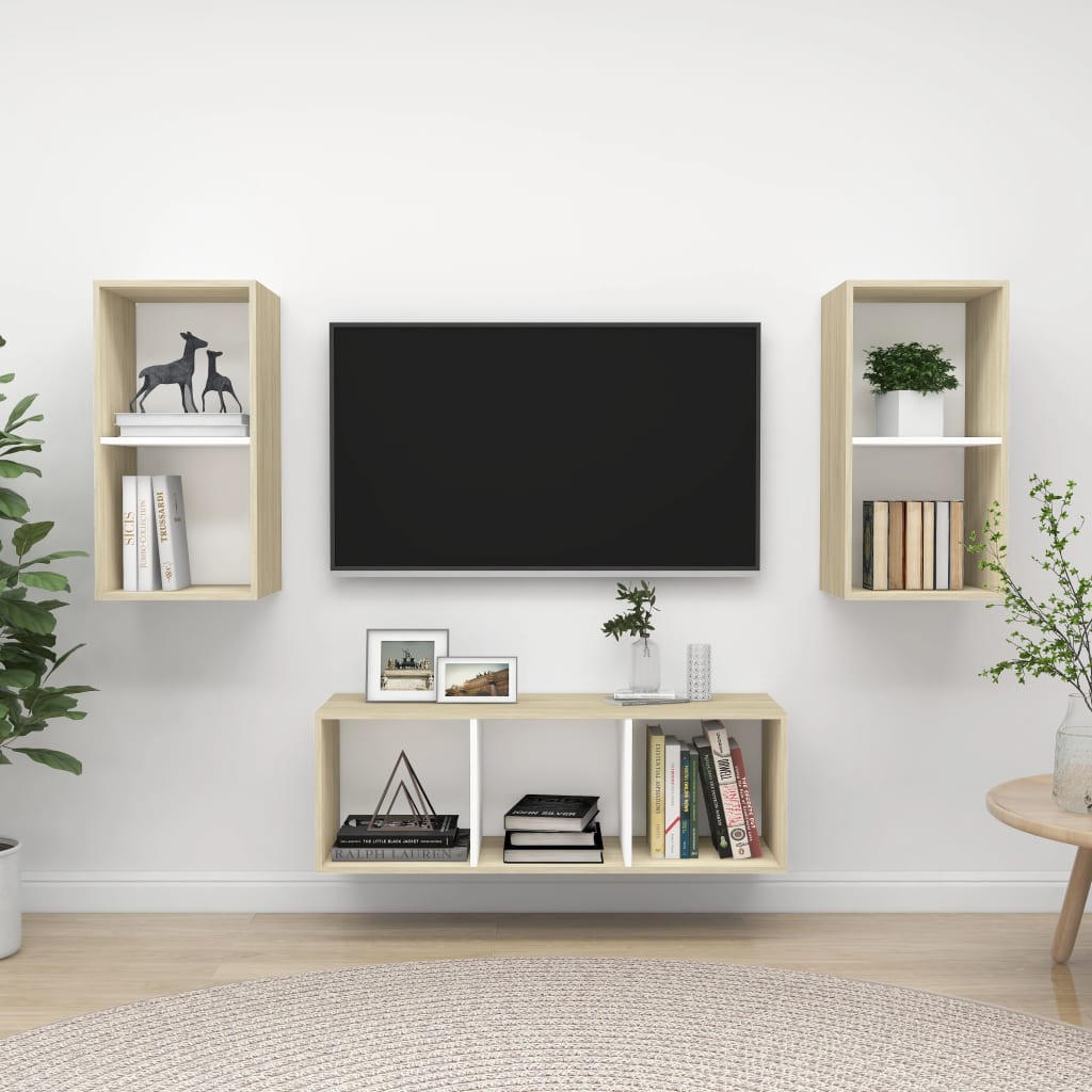 Ensemble de meubles TV 3 pièces en bois de chêne Sonoma blanc