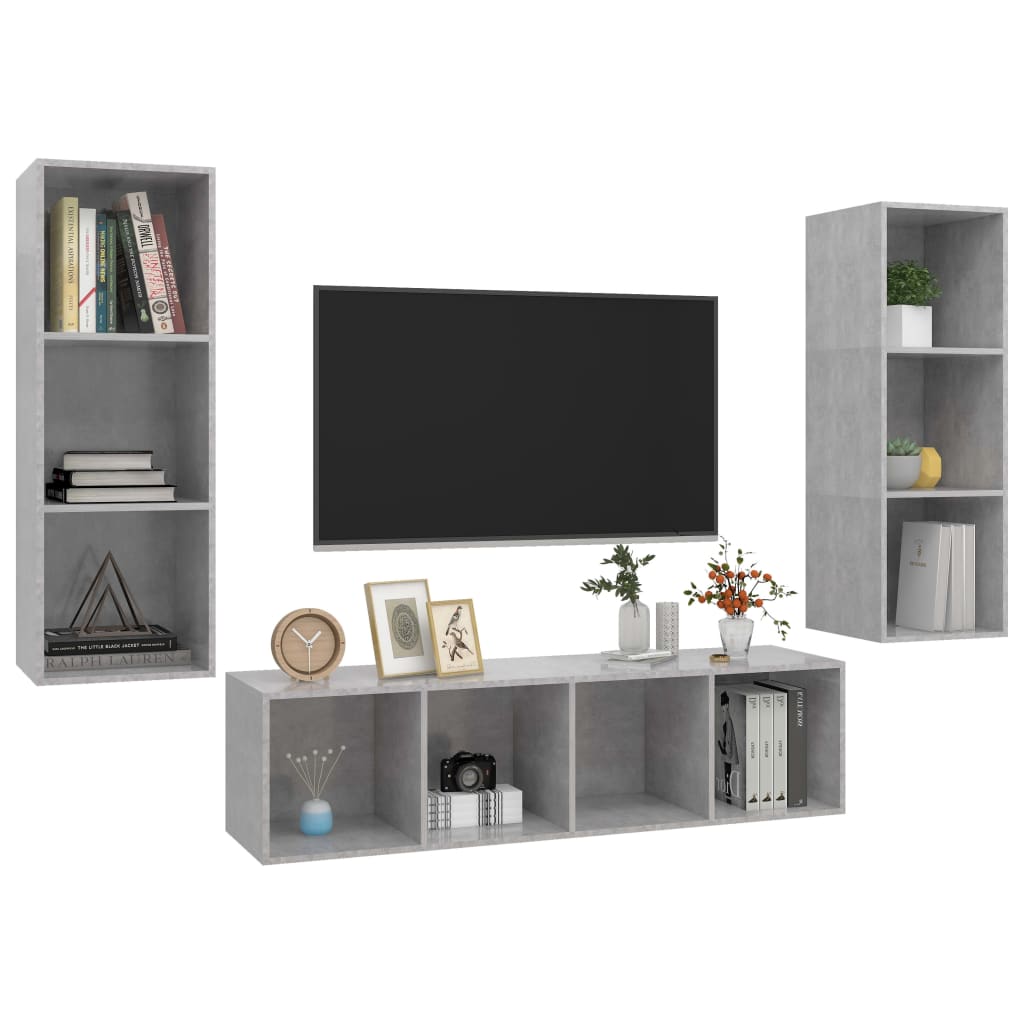 Ensemble de meubles TV 3 pièces en béton gris à base de bois
