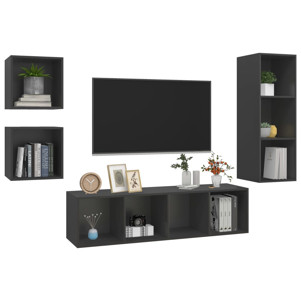 Ensemble de meubles TV 4 pièces, matériau à base de bois gris