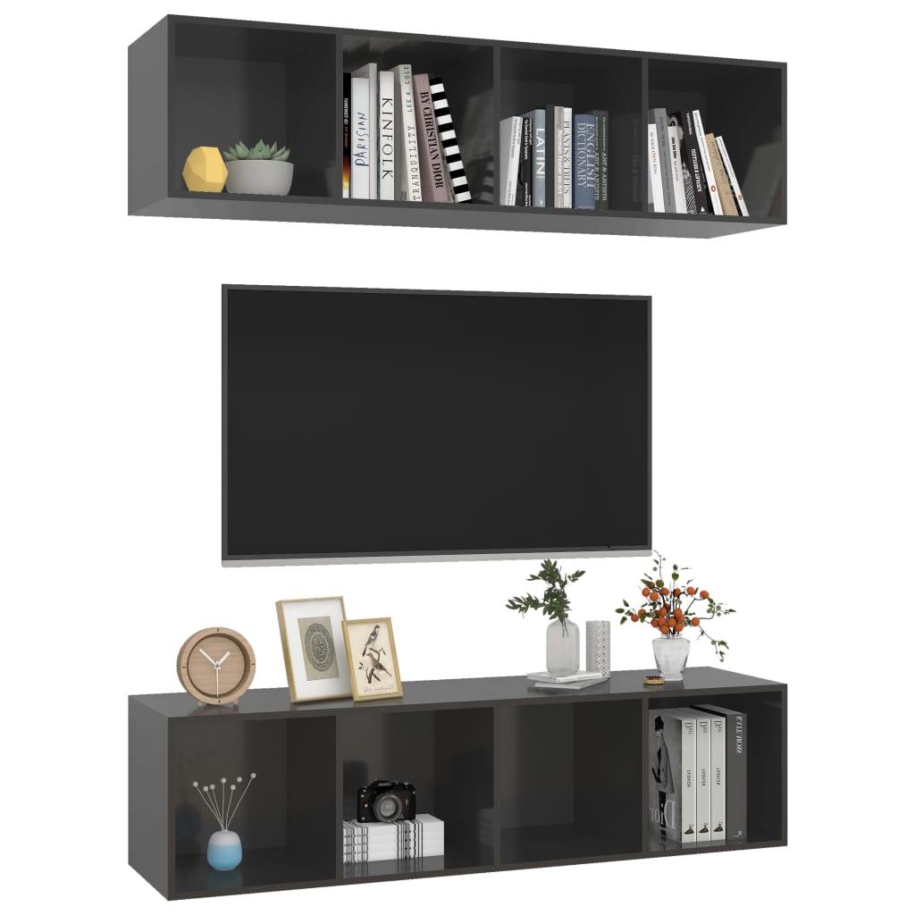 Meubles TV muraux (2 pièces) en bois gris brillant