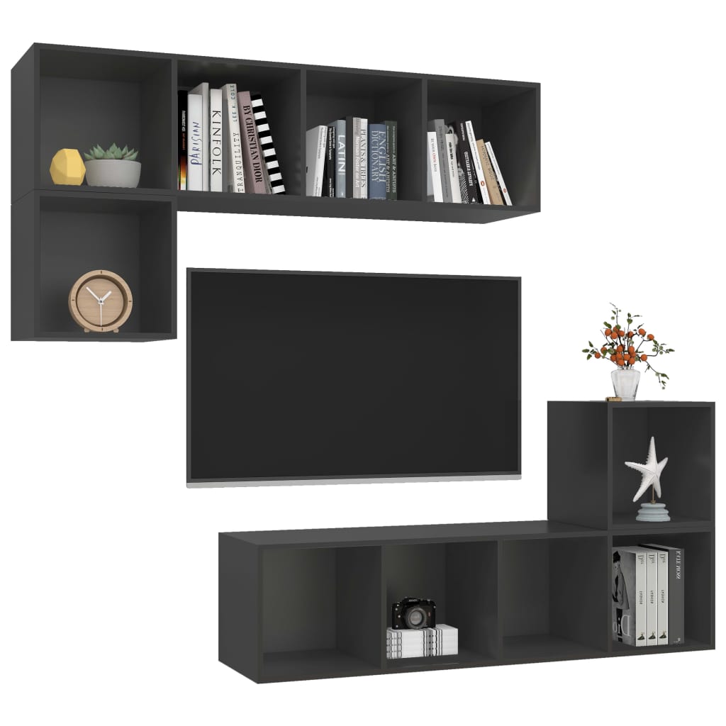 Ensemble de meubles TV 4 pièces, matériau à base de bois gris