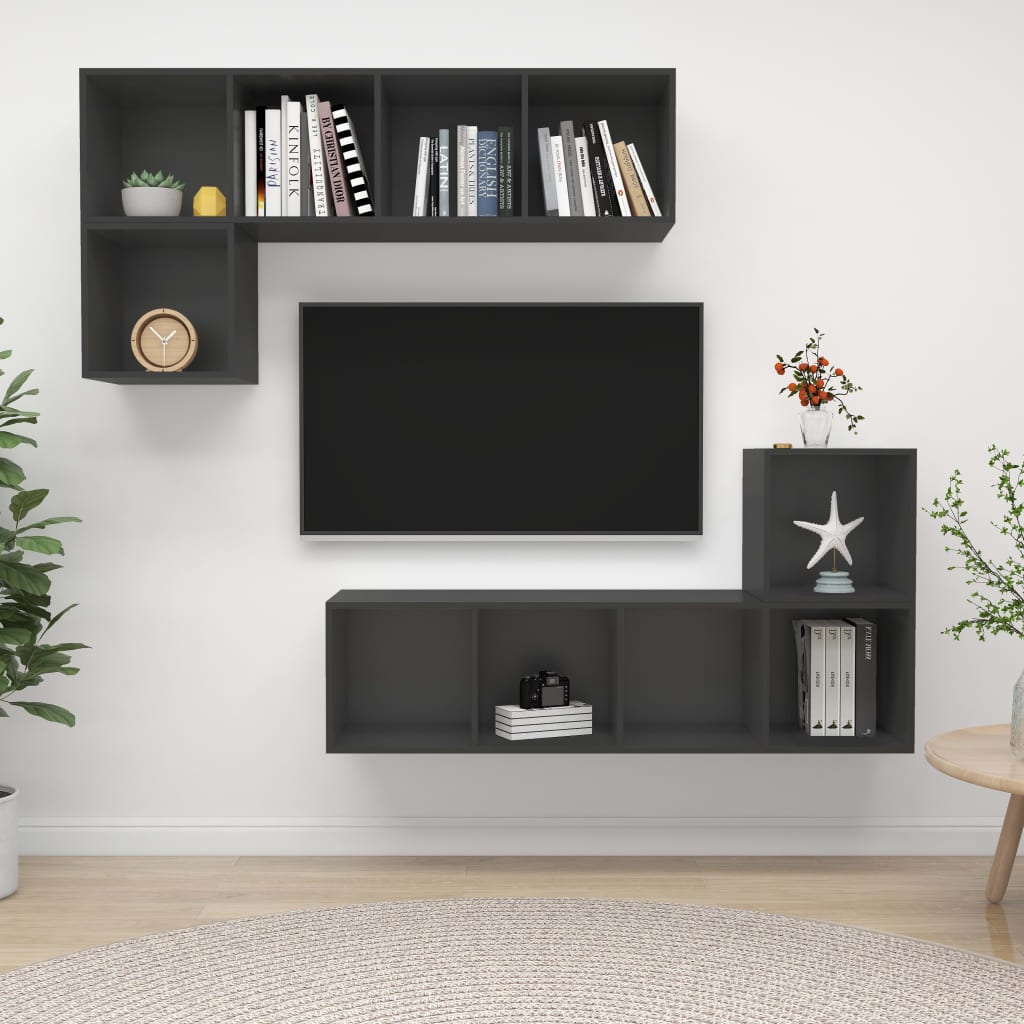 Ensemble de meubles TV 4 pièces, matériau à base de bois gris