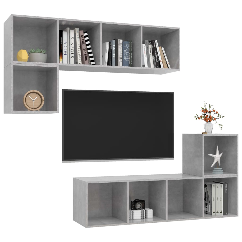 Ensemble de meubles TV 4 pièces en béton gris à base de bois